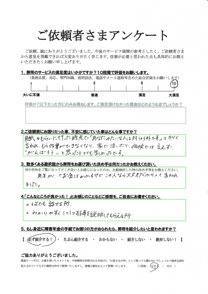 「あなたみたいな人は対象外」と役所にキツく言われましたが、ドクターの紹介で松原社労士に巡り会えました